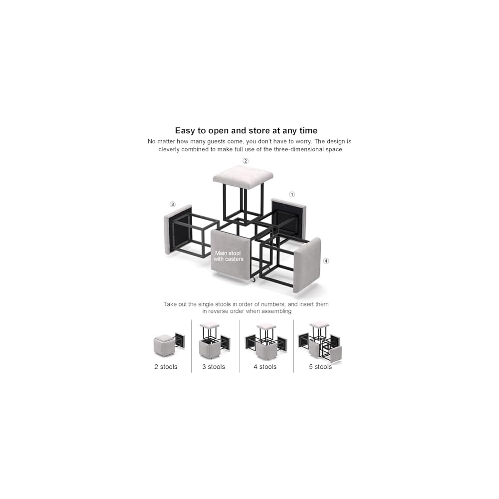 5 in 1 Leather Seating Cube with Swivel Casters Stackable Nesting Stool Movable Sofa Chair Stool Dressing Chair for Living Room Bedroom 14x14x15 inches Leather Material