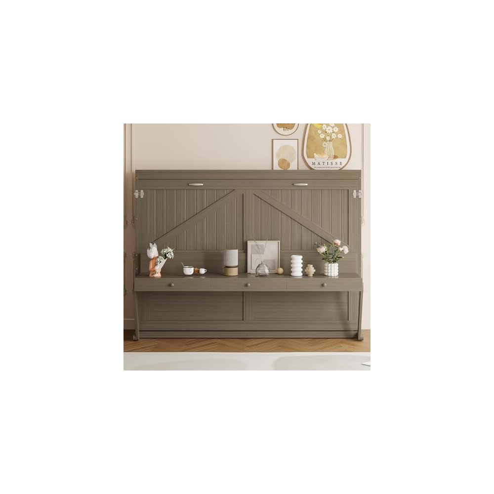 Virubi Queen Horizontal Murphy Bed with Desk and Storage Drawers & Mirror, Wood Farmhouse Folding Murphy Bed Cabinet with Side Drawers and Vanity Desk, for Adults (Distressed Gray)