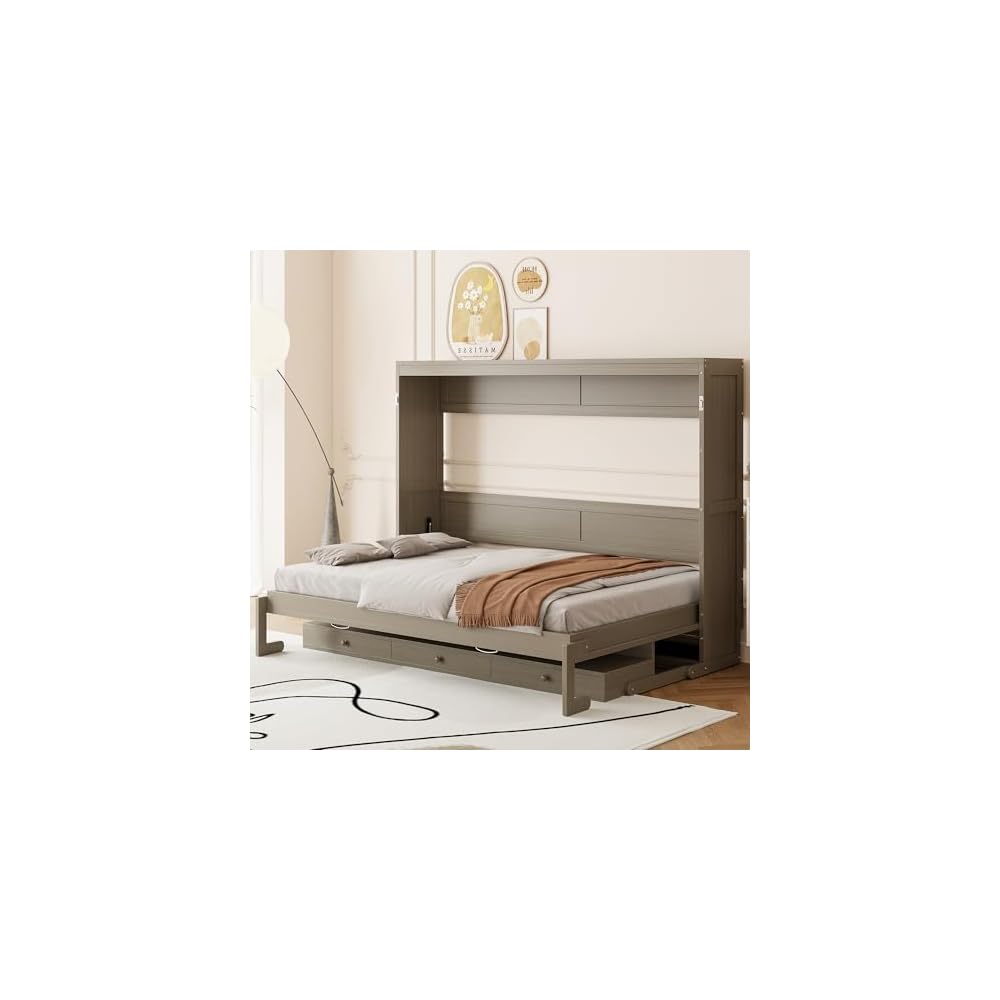 Virubi Queen Horizontal Murphy Bed with Desk and Storage Drawers & Mirror, Wood Farmhouse Folding Murphy Bed Cabinet with Side Drawers and Vanity Desk, for Adults (Distressed Gray)