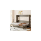 Virubi Queen Horizontal Murphy Bed with Desk and Storage Drawers & Mirror, Wood Farmhouse Folding Murphy Bed Cabinet with Side Drawers and Vanity Desk, for Adults (Distressed Gray)