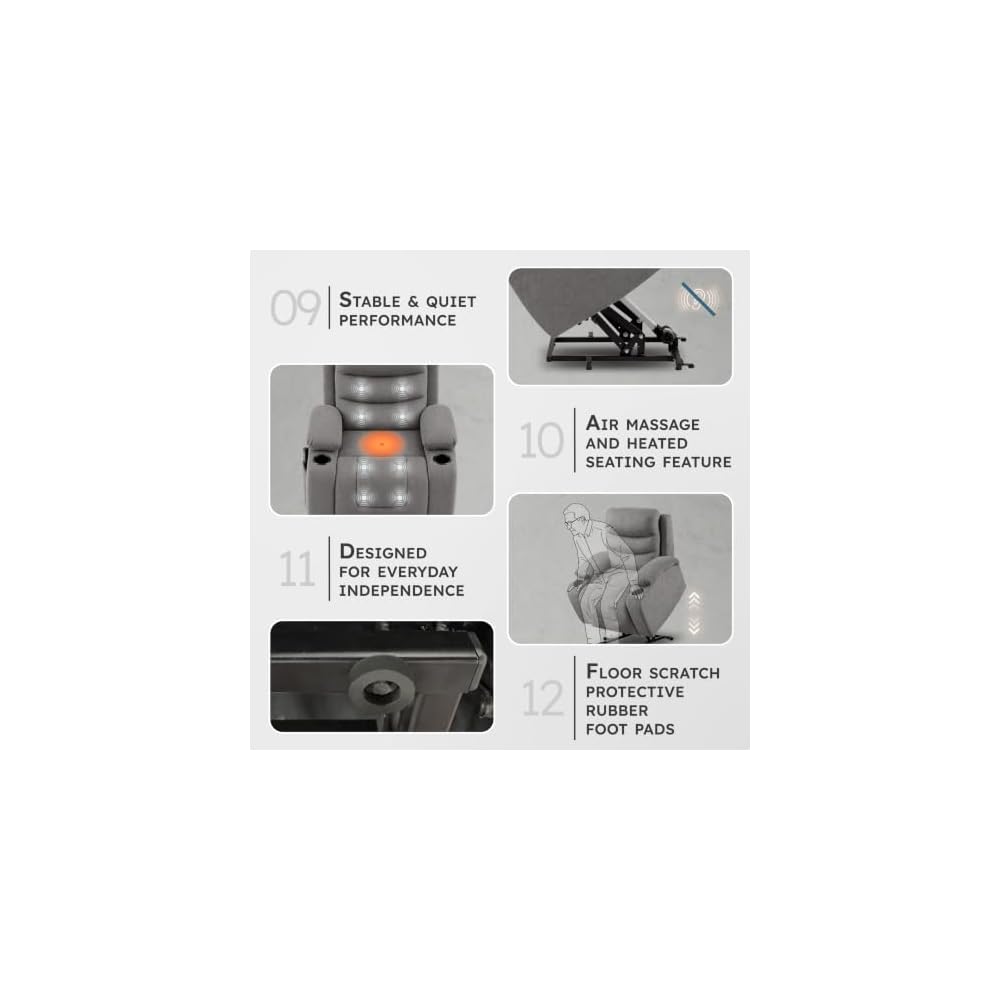 Lexicon Power Lift Recliner Chair, Massage, Heat & USB Charging, Gray