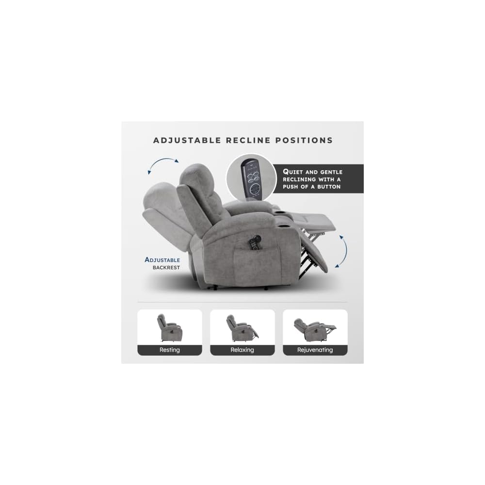 Lexicon Power Lift Recliner Chair, Massage, Heat & USB Charging, Gray