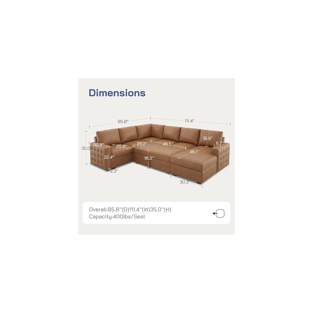 111 Inch Sectional Sleeper Sofa with Pull Out Bed, U Shaped 6 Seat Modular Sectional Couch with Storage for Living Room, Faux Leather Brown