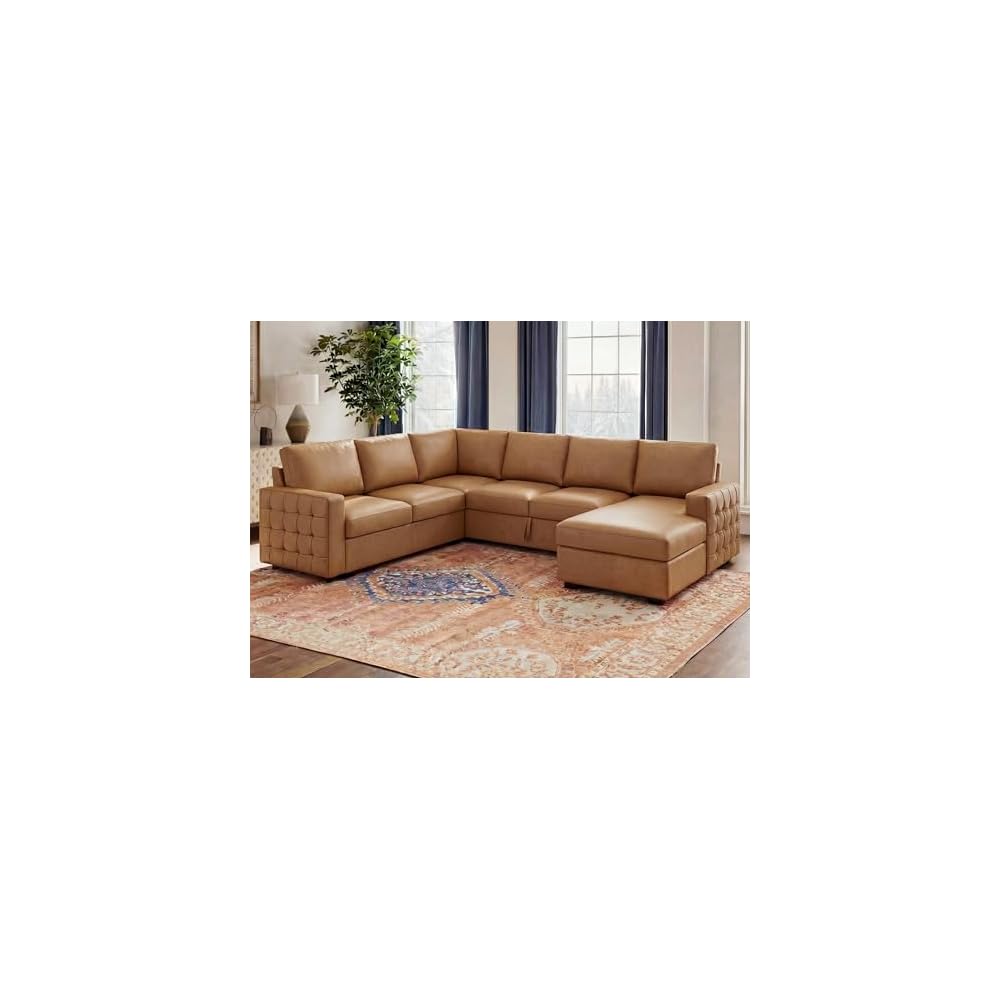 111 Inch Sectional Sleeper Sofa with Pull Out Bed, U Shaped 6 Seat Modular Sectional Couch with Storage for Living Room, Faux Leather Brown
