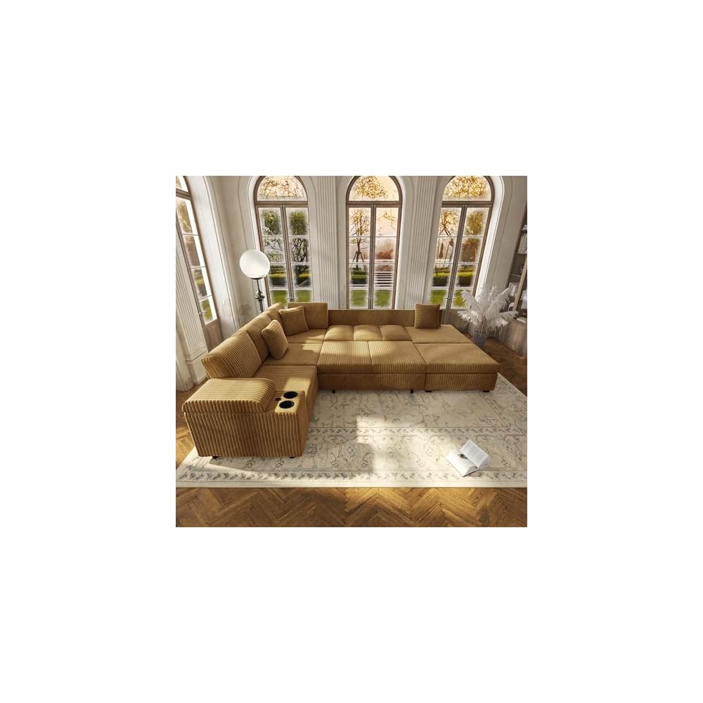 KEIKI 110" L-Shaped Oversized Plush Corduroy Modular Sectional Sofa with Pull-Out Bed, Convertible 6-Seater Sleeper Couch Bed with 1 Ottomans & USB & Cup Holders, Easy Assembly, for Living Room, Camel