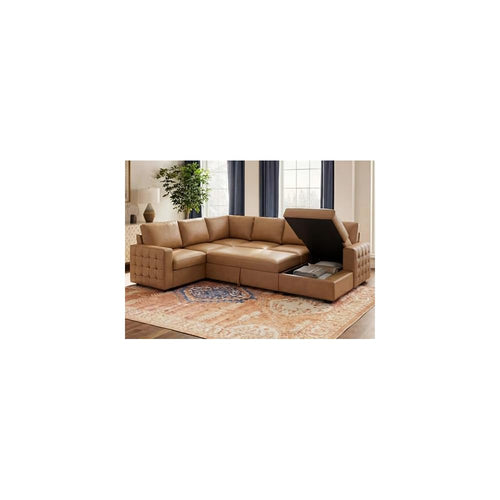 111 Inch Sectional Sleeper Sofa with Pull Out Bed, U Shaped 6 Seat Modular Sectional Couch with Storage for Living Room, Faux Leather Brown