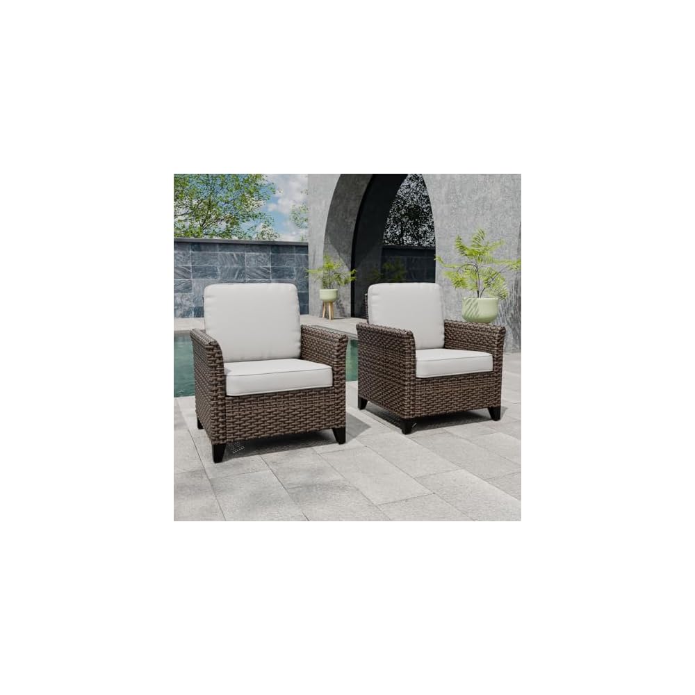 Canyon Ridge Wicker Patio Chairs with Cushions, Set of 2, Balcony Furniture with Deep Seating 4 inch Cushions, PE Rattan Porch Chairs, Brown/Beige