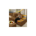 KEIKI 110" L-Shaped Oversized Plush Corduroy Modular Sectional Sofa with Pull-Out Bed, Convertible 6-Seater Sleeper Couch Bed with 1 Ottomans & USB & Cup Holders, Easy Assembly, for Living Room, Camel