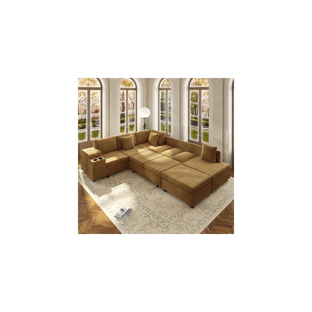 KEIKI 110" L-Shaped Oversized Plush Corduroy Modular Sectional Sofa with Pull-Out Bed, Convertible 6-Seater Sleeper Couch Bed with 1 Ottomans & USB & Cup Holders, Easy Assembly, for Living Room, Camel