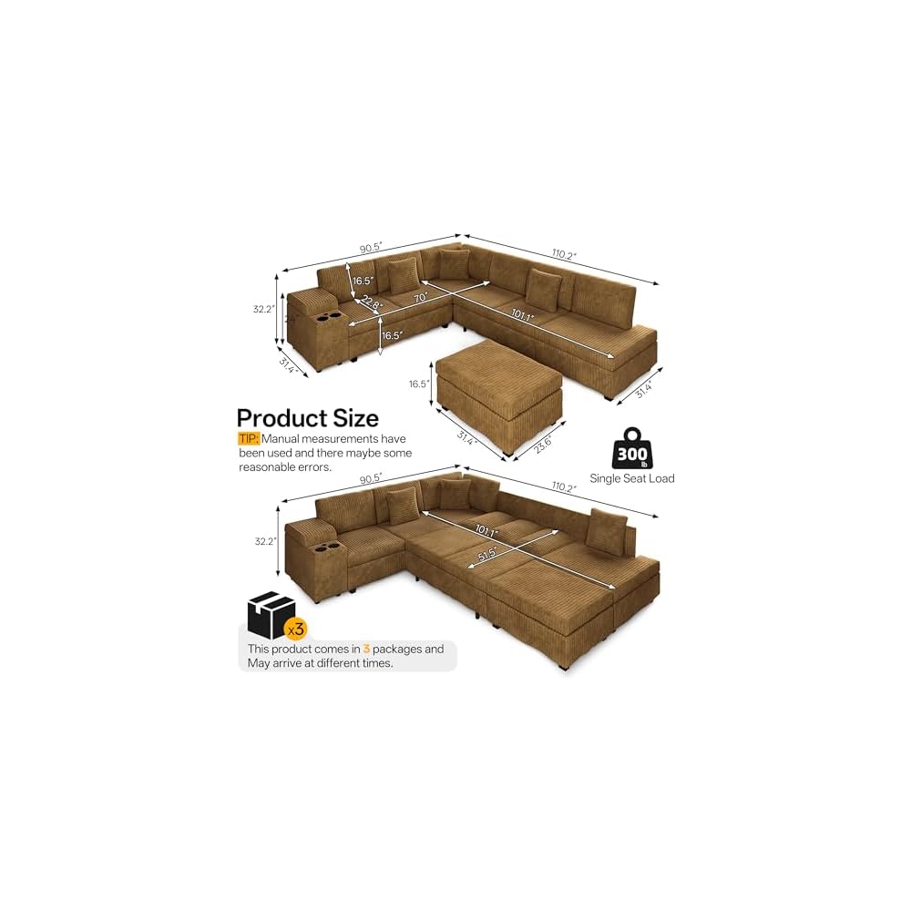 KEIKI 110" L-Shaped Oversized Plush Corduroy Modular Sectional Sofa with Pull-Out Bed, Convertible 6-Seater Sleeper Couch Bed with 1 Ottomans & USB & Cup Holders, Easy Assembly, for Living Room, Camel
