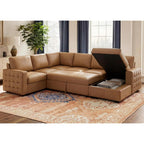 111 Inch Sectional Sleeper Sofa with Pull Out Bed, U Shaped 6 Seat Modular Sectional Couch with Storage for Living Room, Faux Leather Brown