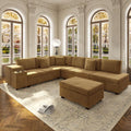 KEIKI 110" L-Shaped Oversized Plush Corduroy Modular Sectional Sofa with Pull-Out Bed, Convertible 6-Seater Sleeper Couch Bed with 1 Ottomans & USB & Cup Holders, Easy Assembly, for Living Room, Camel